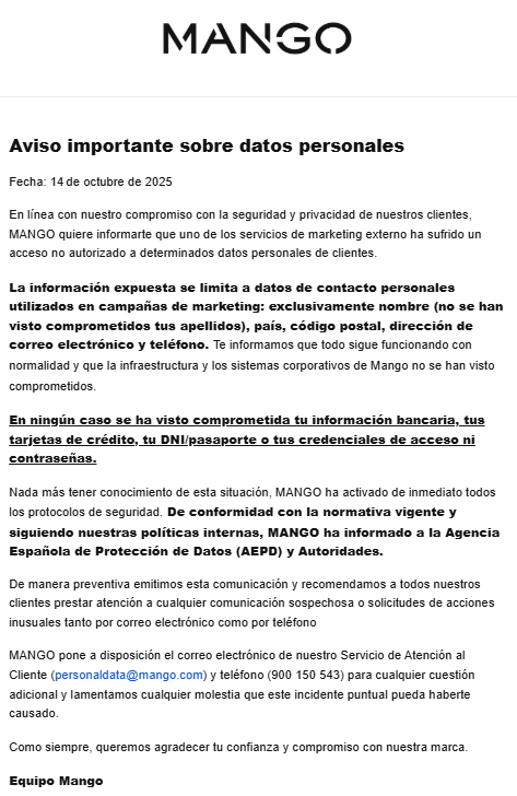 Correo ciberataque Mango
